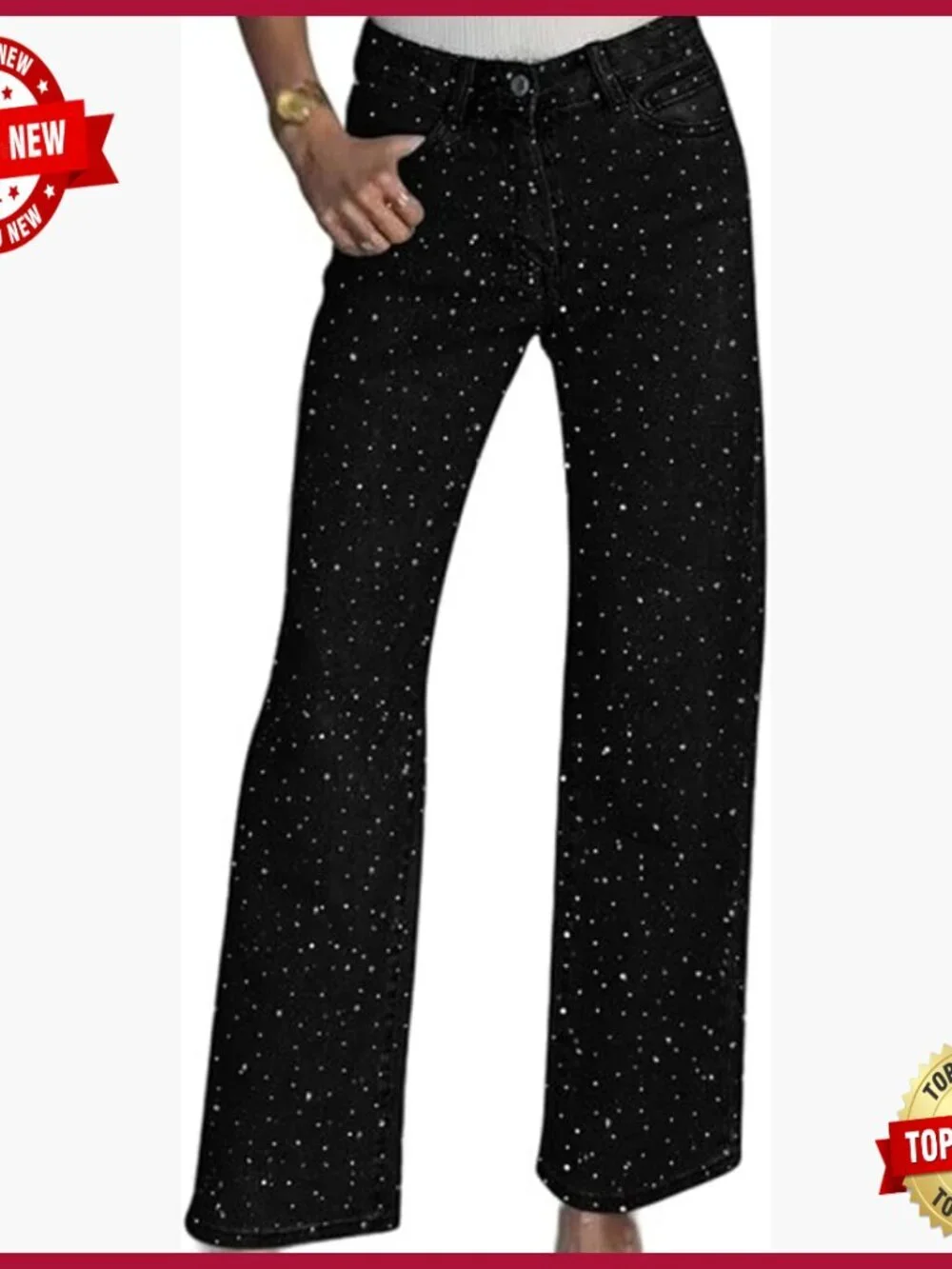 High Waisted Rhinestone Jeans Wide Leg Sparkly Glitter Denim Pants